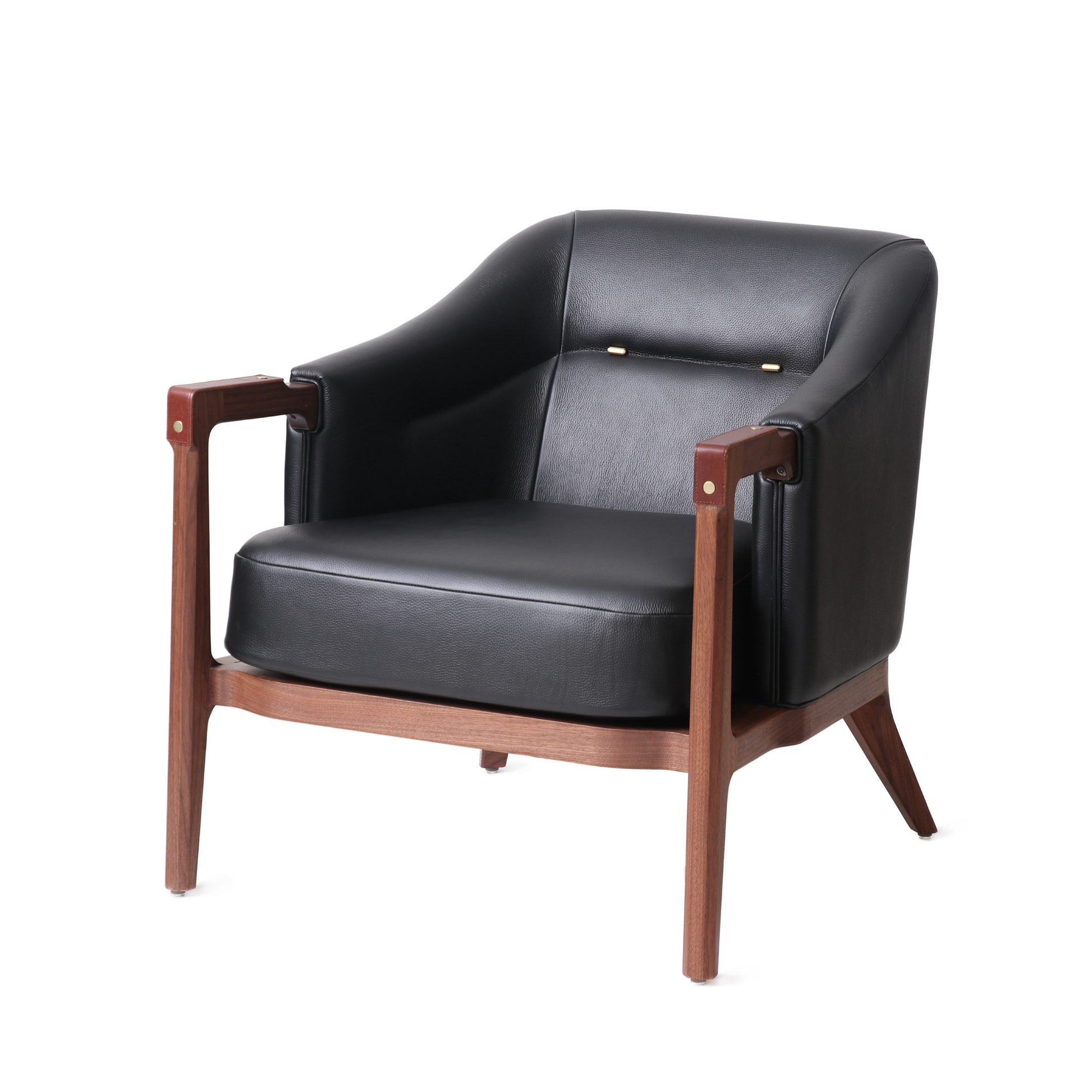 Modern lounge chair with natural walnut wooden frame, black leather upholstery, and brass details, perfect for contemporary living rooms or stylish office spaces.