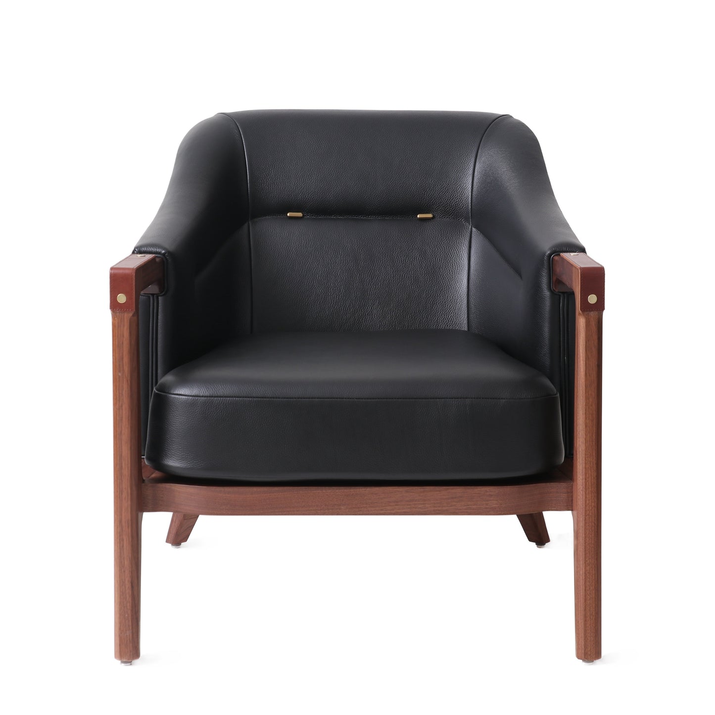 Modern lounge chair with natural walnut wooden frame, black leather upholstery, and brass details, perfect for contemporary living rooms or stylish office spaces.