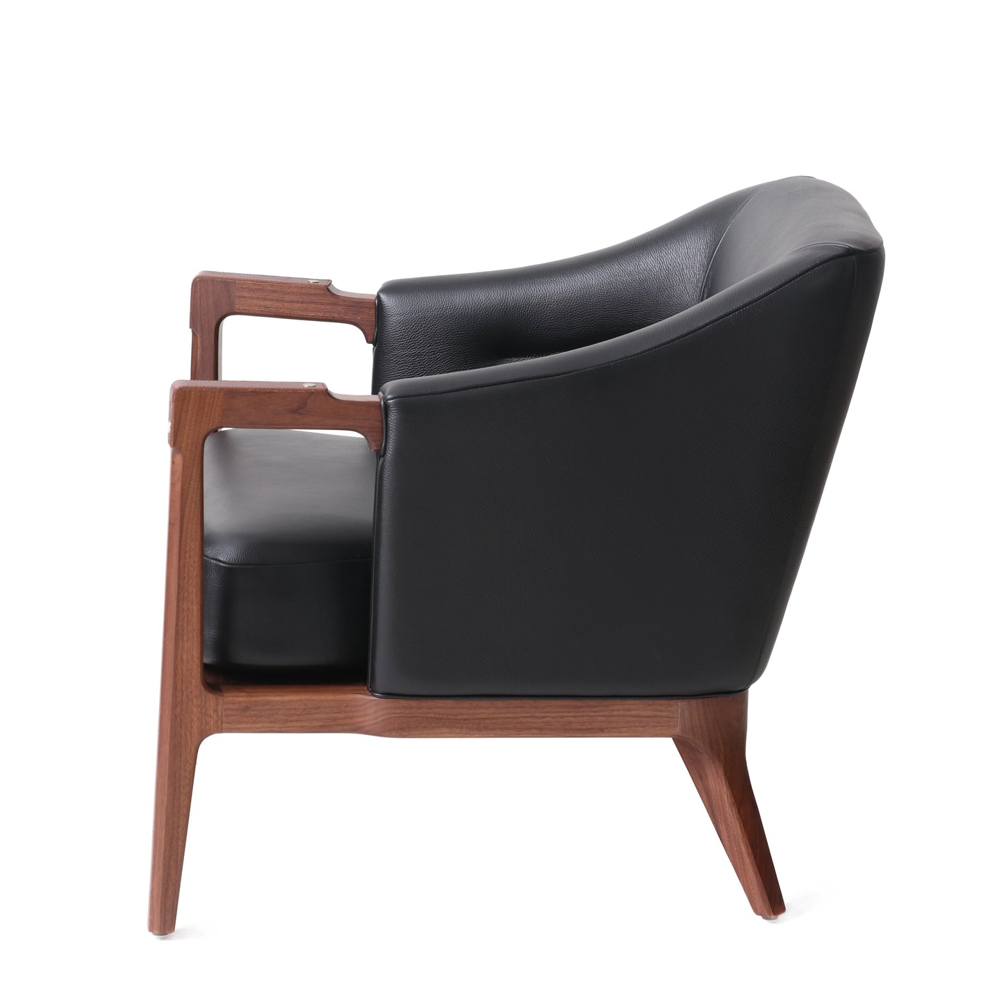 Modern lounge chair with natural walnut wooden frame, black leather upholstery, and brass details, perfect for contemporary living rooms or stylish office spaces.