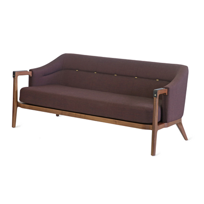 Modern sofa with natural walnut wooden frame, burgundy fabric upholstery, and brass details, perfect for contemporary living rooms, stylish office spaces, and hospitality spaces.